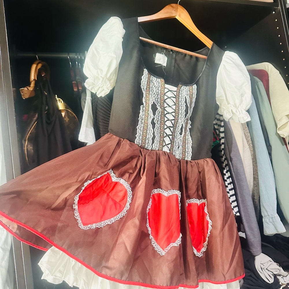 Brown and Red Heart Dress with Puff Sleeves